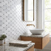 White hexagonal marble tiles with gray veining forming a modern geometric backsplash bianco dolomite octave w blue-gray mosaic