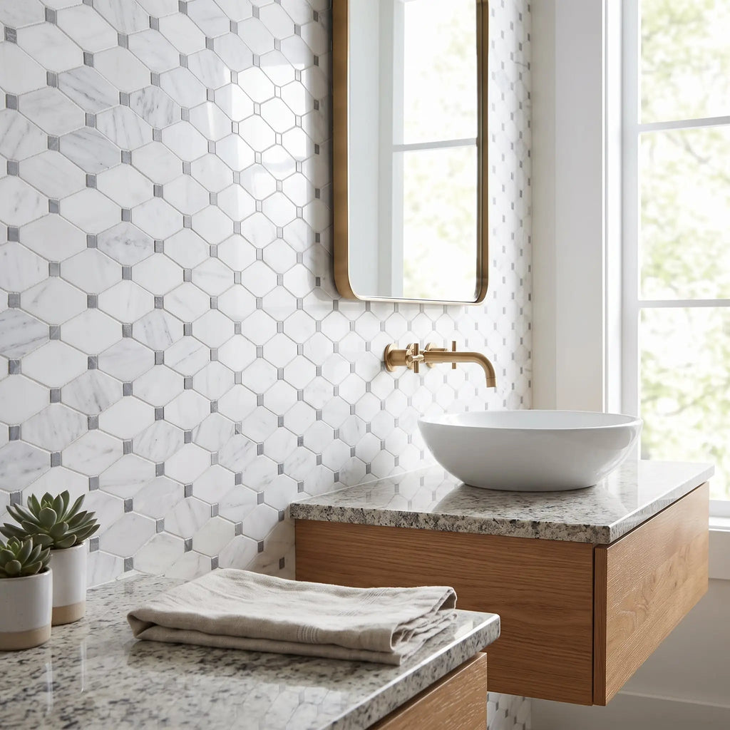White hexagonal marble tiles with gray veining forming a modern geometric backsplash bianco dolomite octave w blue-gray mosaic