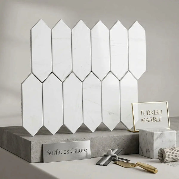 White turkish marble hexagonal picket mosaic tiles in polished bianco dolomite arranged in staggered pattern