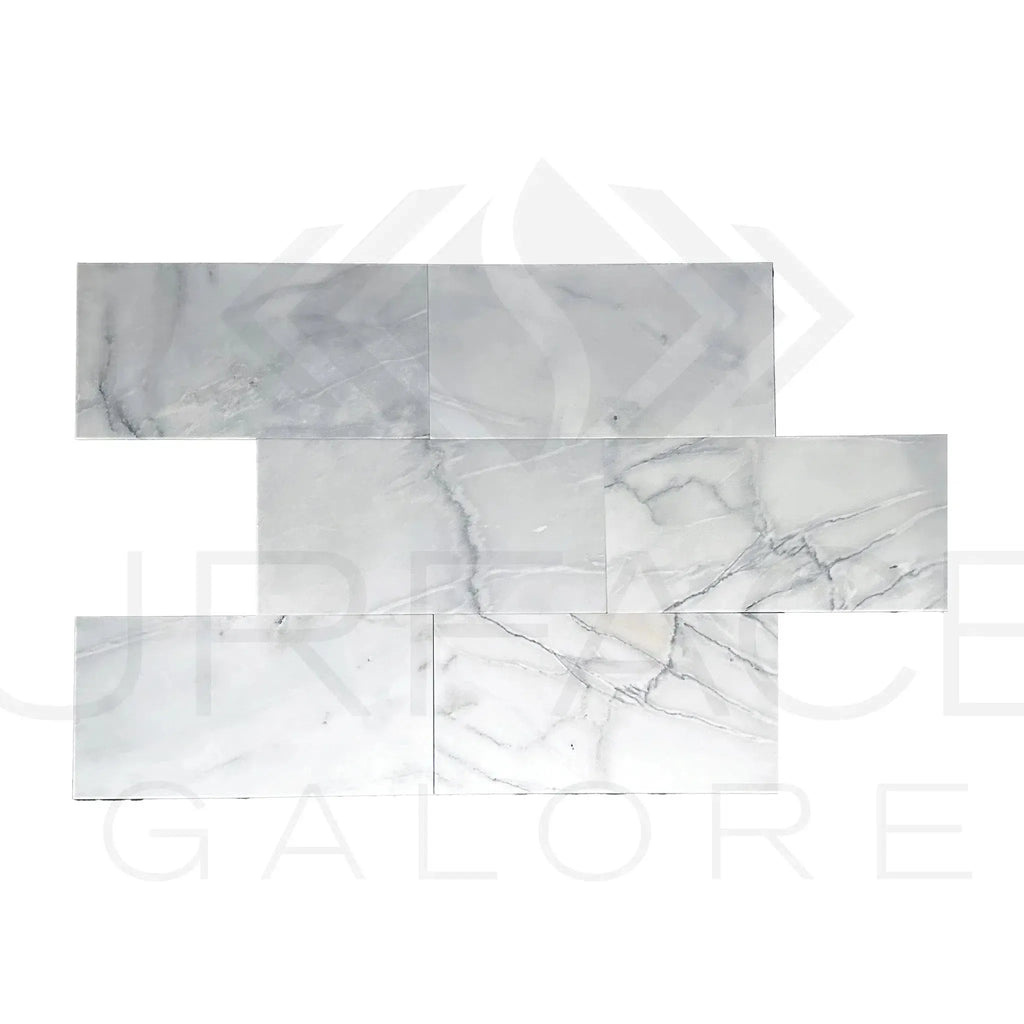 White marble tile arrangement of Bianco Venatino 12X24 honed micro-beveled edge tiles