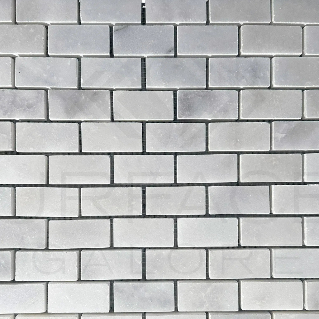 Bianco Venatino White Marble Brick Mosaic Tile in polished finish for elegant décor