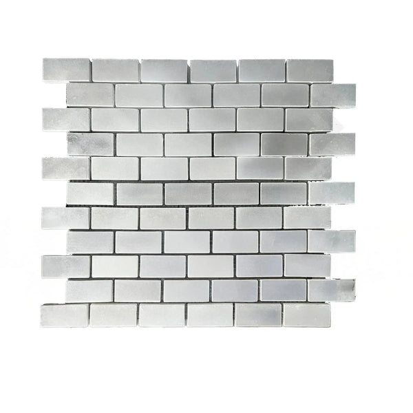 Silver brick mosaic tile in Bianco Venatino White Marble polished finish