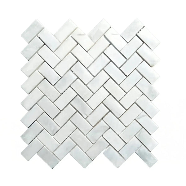 White herringbone tile pattern of Bianco Venatino White Marble Mosaic Tile 110 Sq.Ft