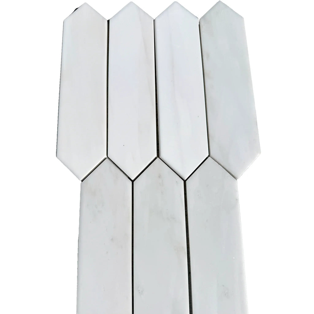 Bianco Dolomite Marble 3X12 Picket Mosaic showcasing elegant white picket-shaped tiles