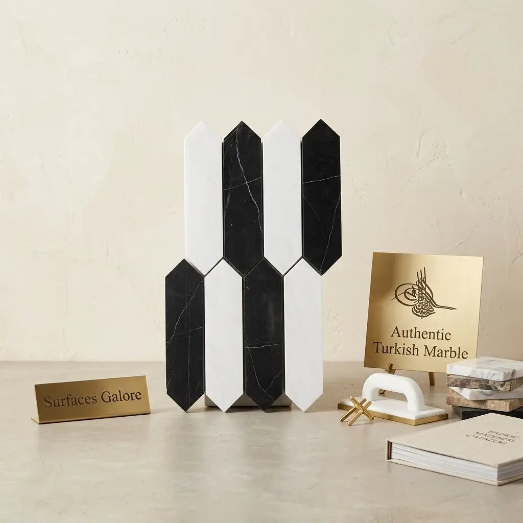 Bianco white dolomite and nero marquina marble 3 by 12 inch picket mosaic tiles in black and white geometric pattern