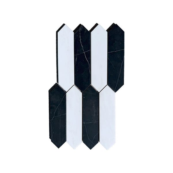 Black and white picket tile mosaic from Bianco Dolomite and Nero Marquina Marble collection