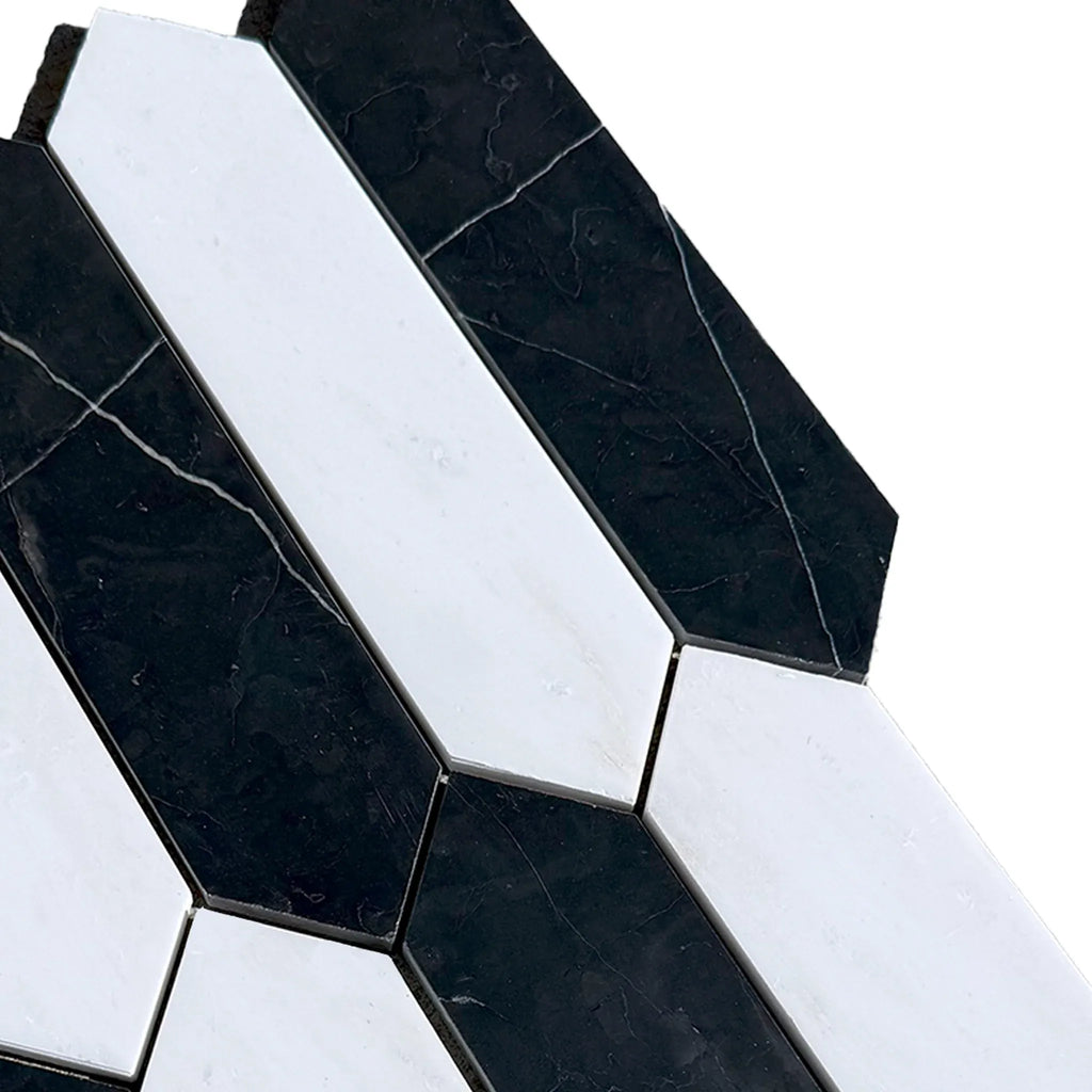 Alternating black and white elongated hexagon tiles in Bianco Dolomite and Nero Marquina Mosaic