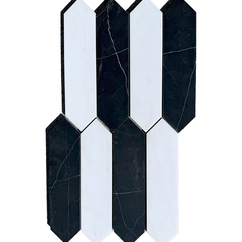 Black and white picket tile mosaic of Bianco Dolomite and Nero Marquina Marble