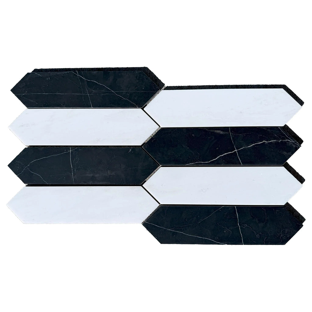 Black and white picket tile in Bianco Dolomite and Nero Marquina Marble mosaic design