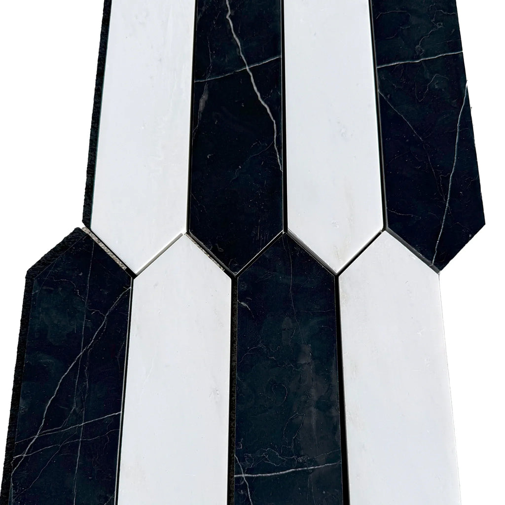 Black and white picket tile pattern in Bianco Dolomite and Nero Marquina Marble mosaic