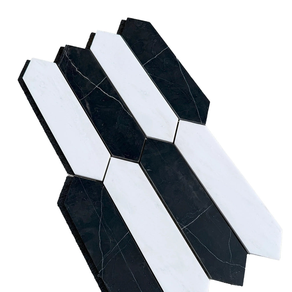 Alternating black and white picket tile sheet in Bianco Dolomite and Nero Marquina Marble