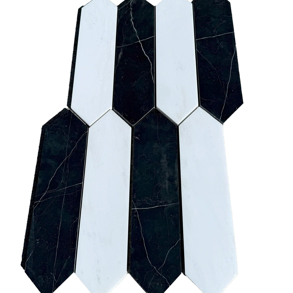 Black and white marble picket tile in Bianco Dolomite and Nero Marquina Mosaic design