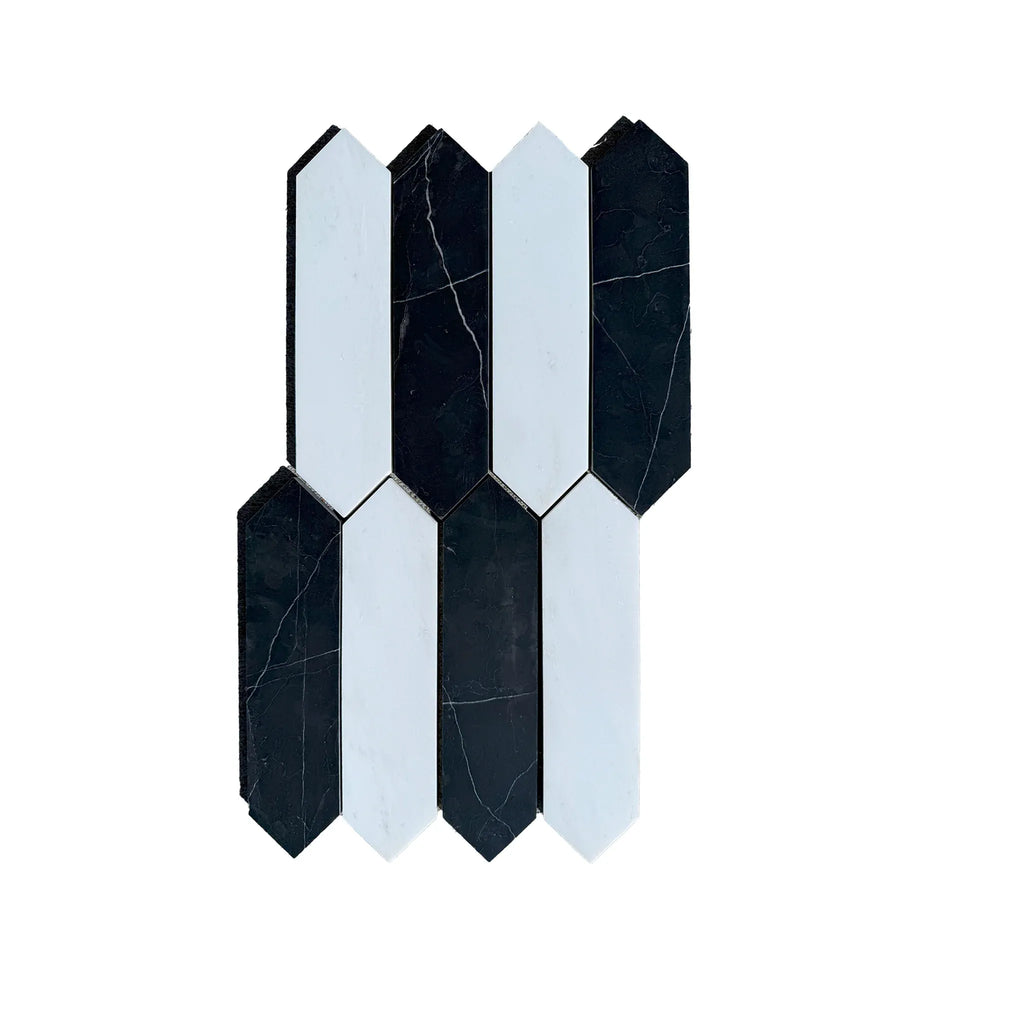 Black and white picket tile mosaic in Bianco Dolomite and Nero Marquina Marble design