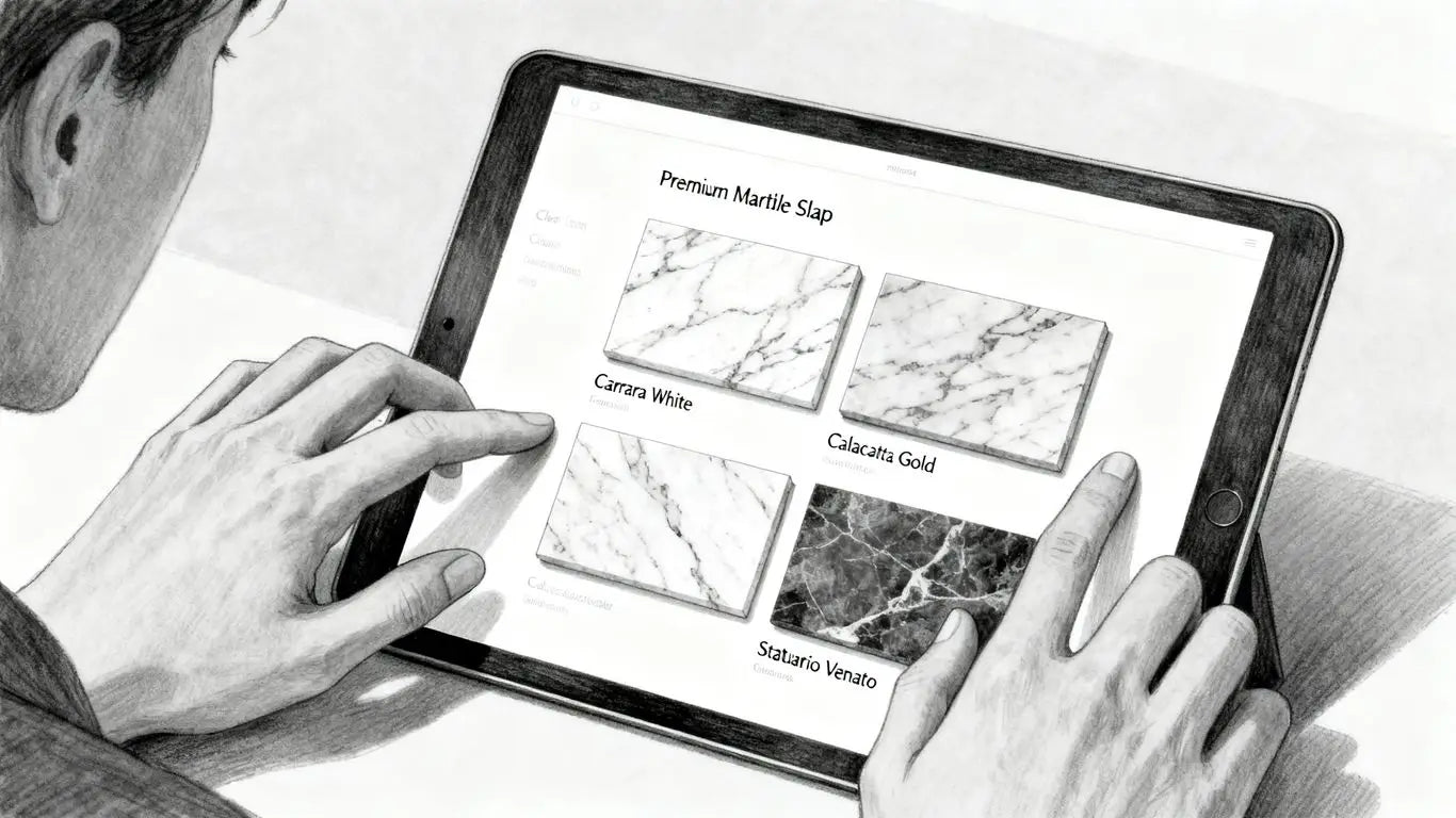 A user browsing premium marble slabs on a screen