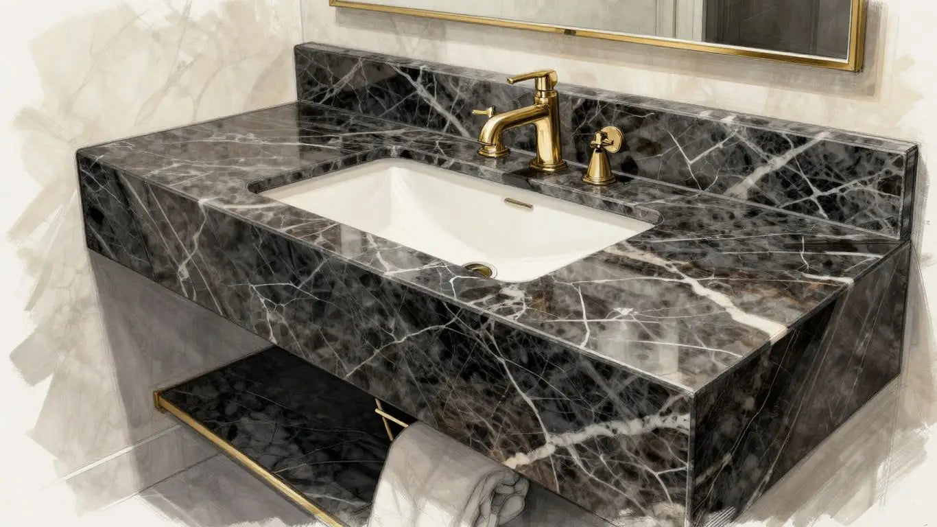 Sketch of elegant bathroom with dark marble vanity.