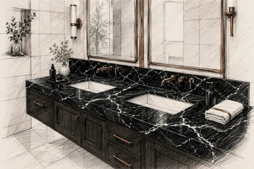 Black marble bathroom vanity with white veins