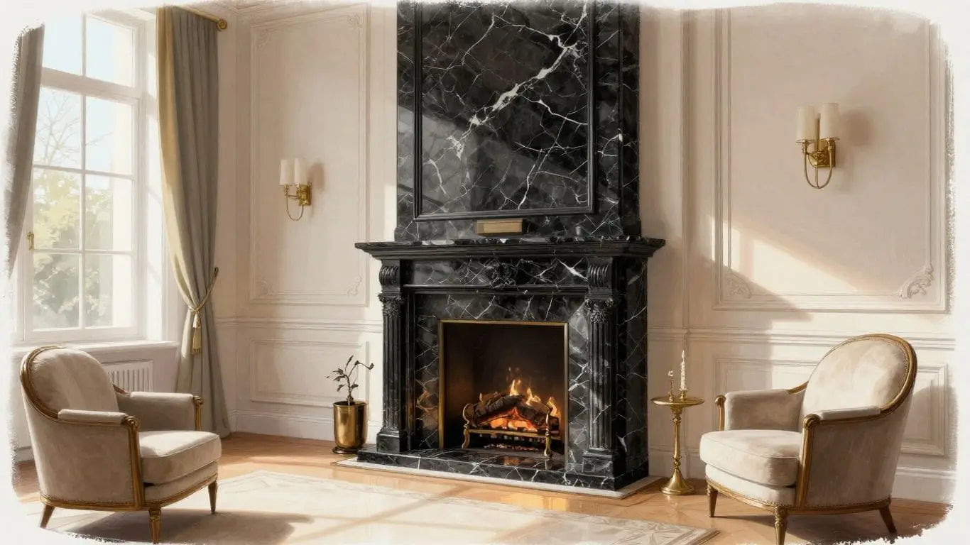 Elegant Pierre Noire marble fireplace in a luxurious room.