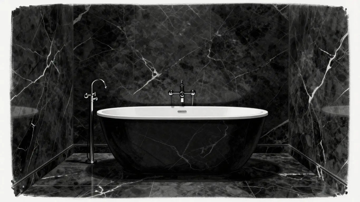 Nero Marquina marble in a sketch of a luxury bathroom.