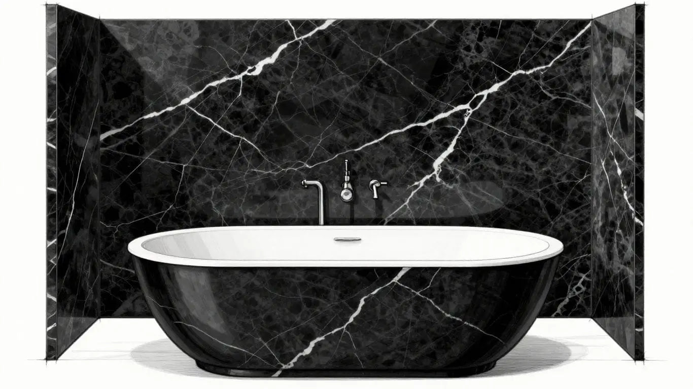 Nero Marquina marble accent wall in a modern bathroom.