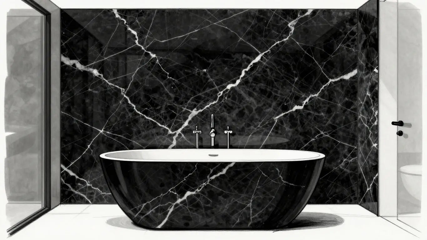 Nero Marquina marble accent wall in a modern bathroom.