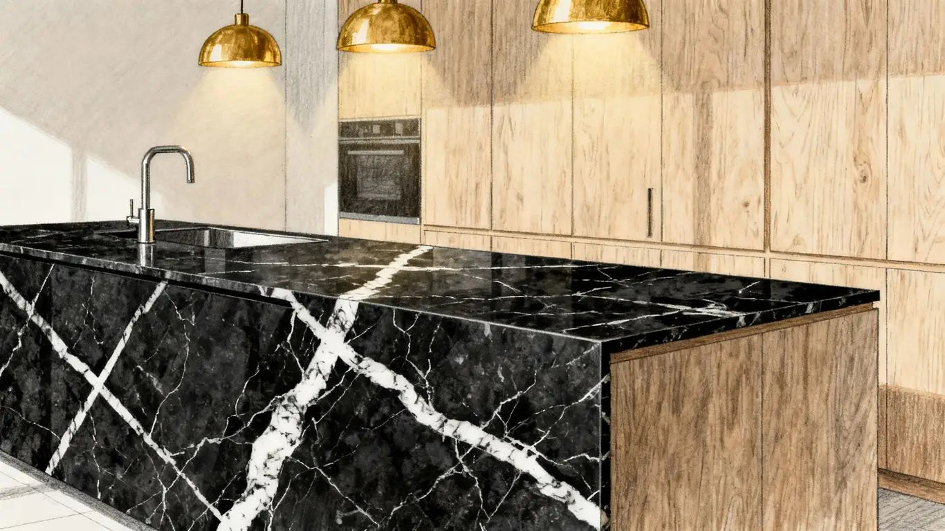 Nero Marquina black marble countertop with white veining