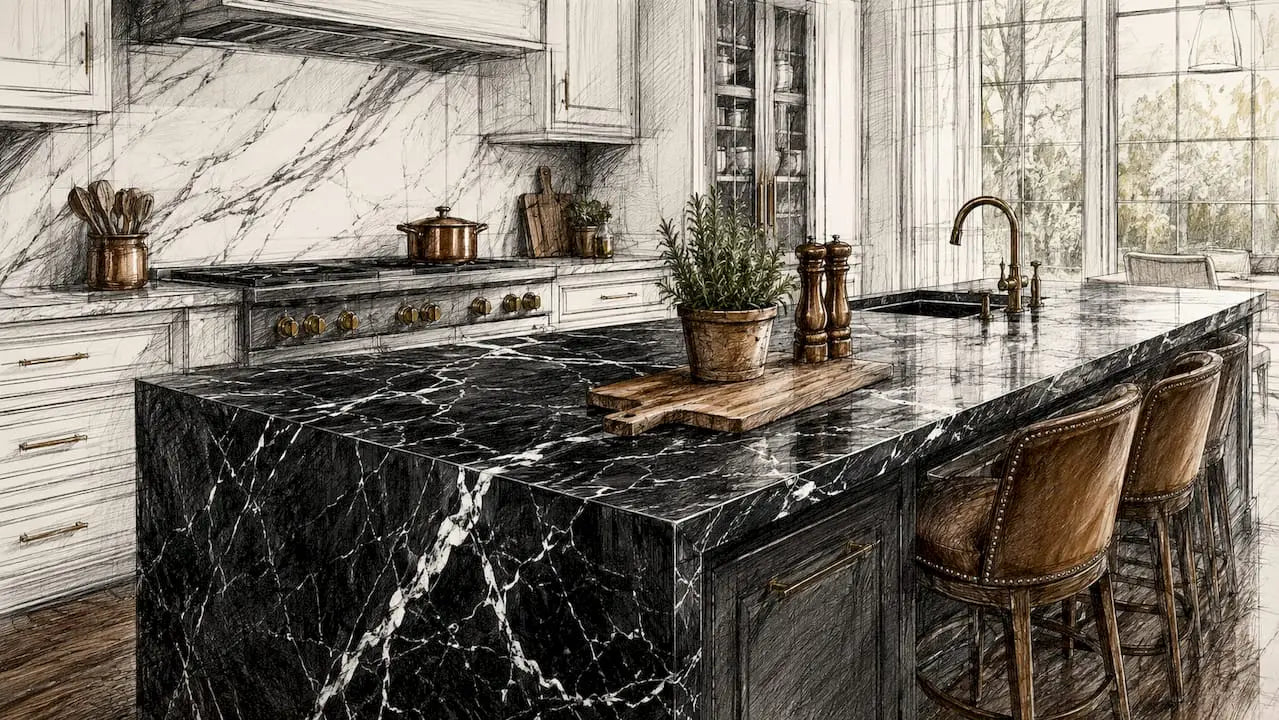 Luxurious kitchen island with Italian marble countertop