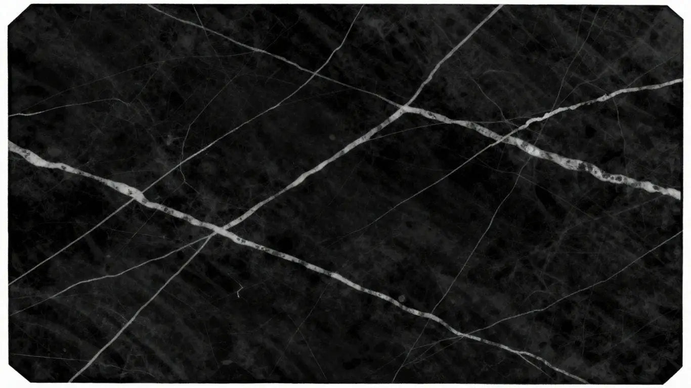 Nero Marquina marble slab sketch with white veins.