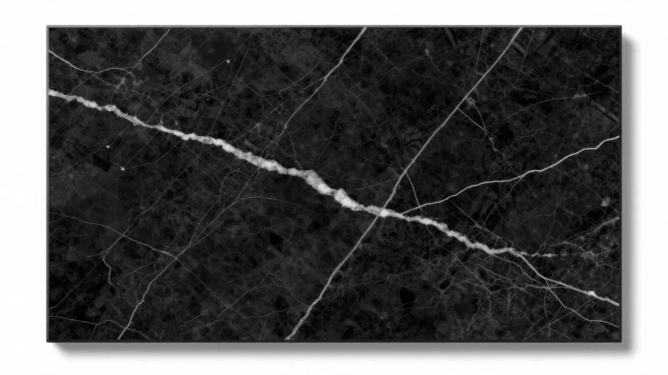 Nero Marquina black marble tiles with white veining.