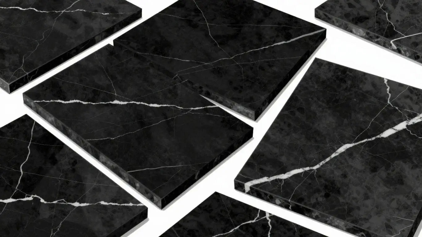 Nero Marquina marble slabs with white veining.