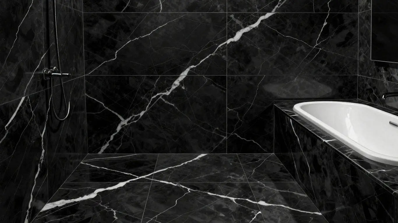 Nero Marquina marble tiles in a bathroom setting.