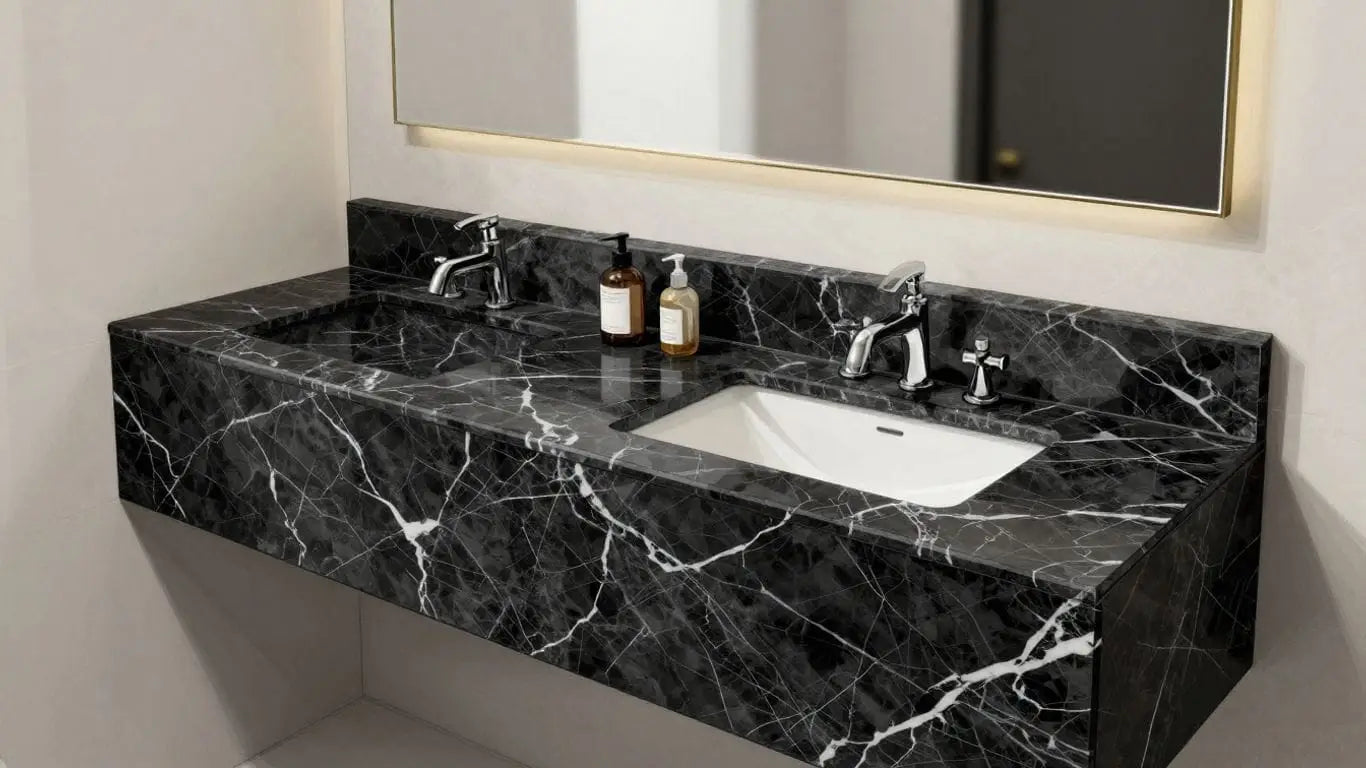 Nero Marquina marble vanity in a luxury bathroom sketch.