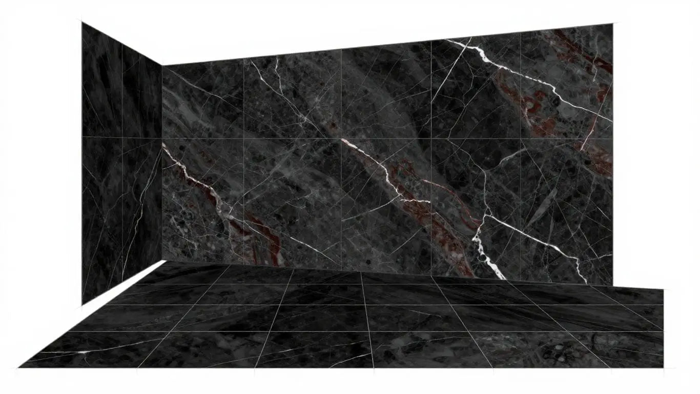 Sketch of black tiles and Rosso Levanto marble.