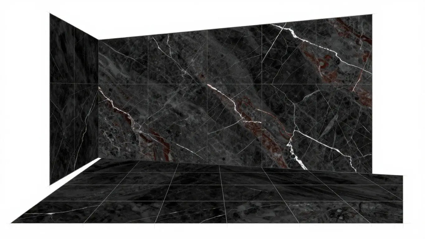 Sketch of black tiles and Rosso Levanto marble.
