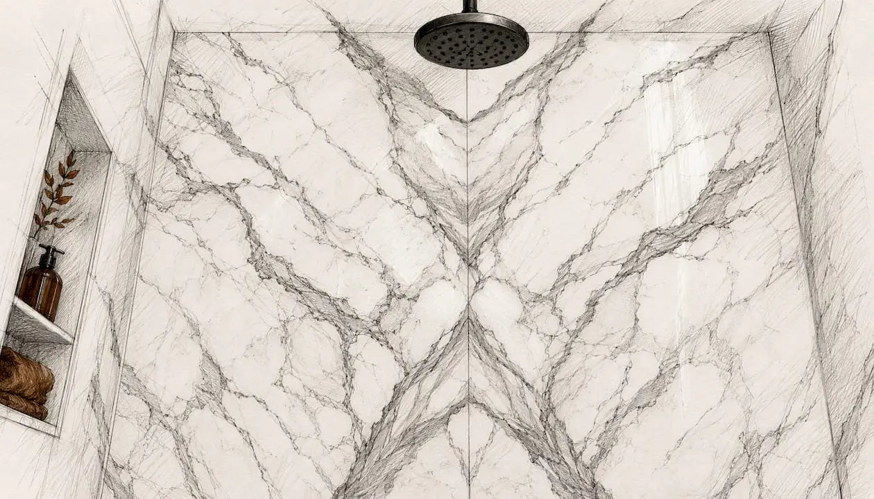 Book-matched Calacatta marble shower wall panels