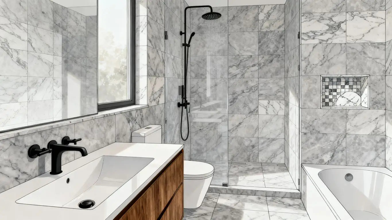Gray marble tile design with warm wood accents