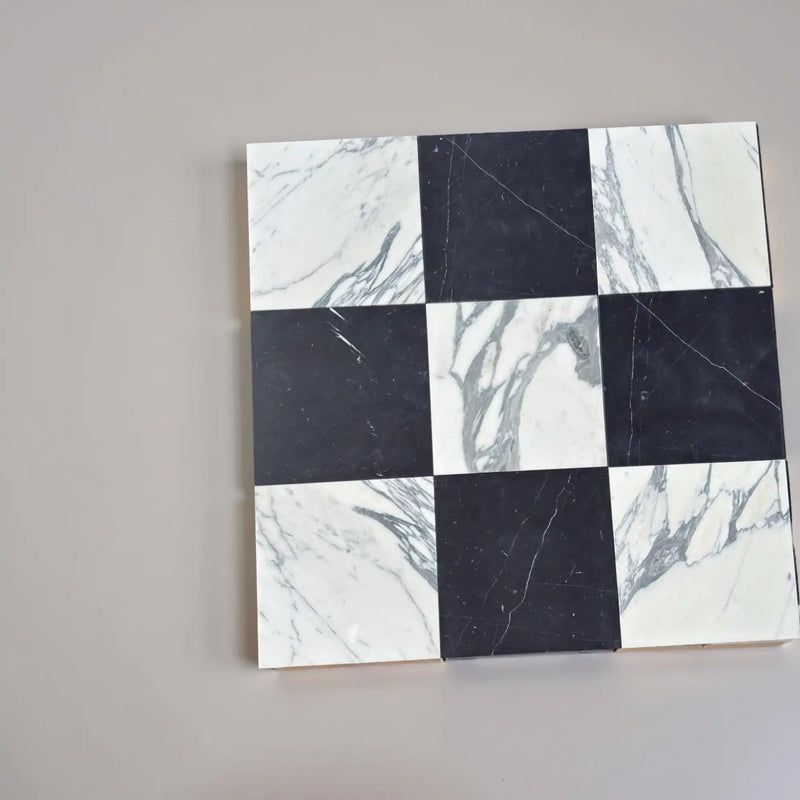 Black and white checkered marble tile.
