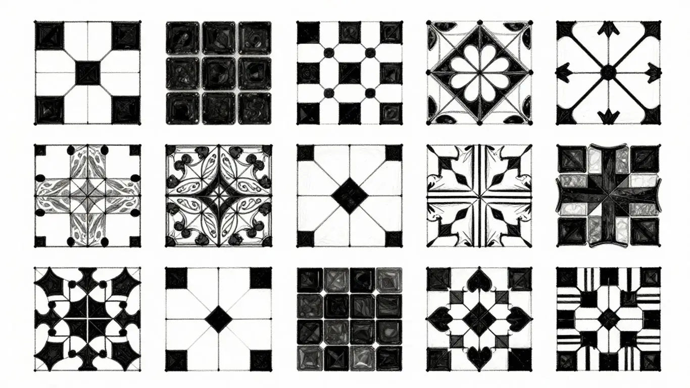Sketch of black 12x12 tiles and mosaic patterns.