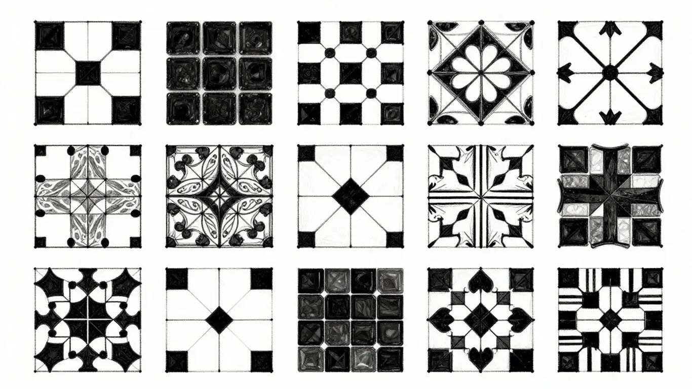 Boceto de baldosas negras de 12x12 y patrones de mosaico.