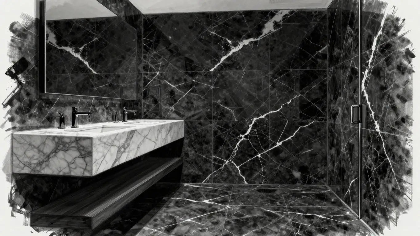 Black marble tiles in a modern bathroom sketch.