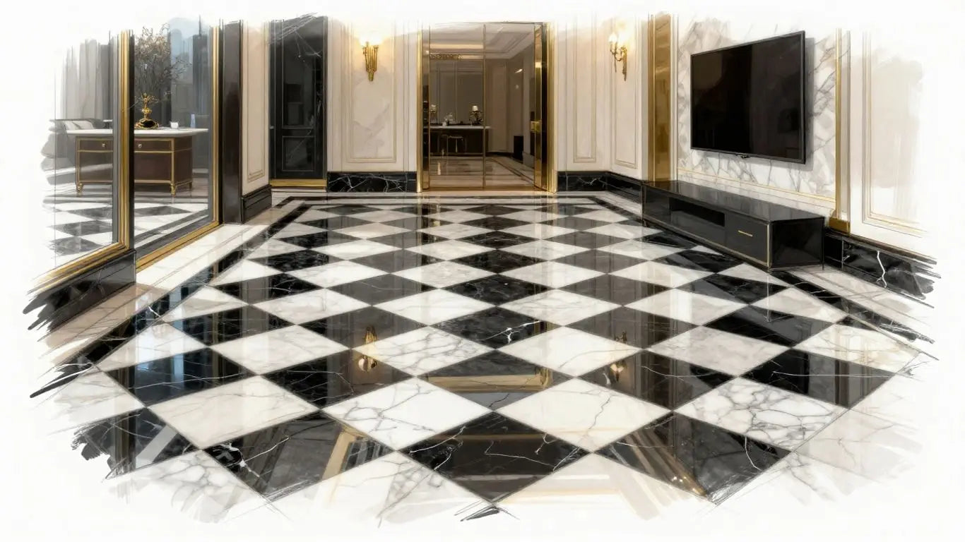 Checkerboard marble floor in a luxury home interior.