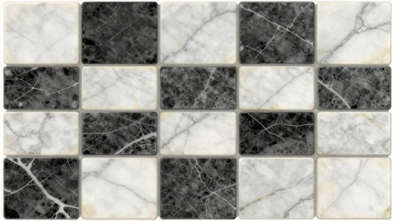 Tumbled checkerboard marble tiles sketch.