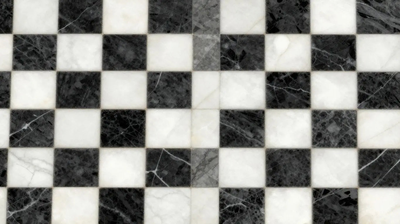 Nero Marquina tumbled marble checkerboard tiles sketch