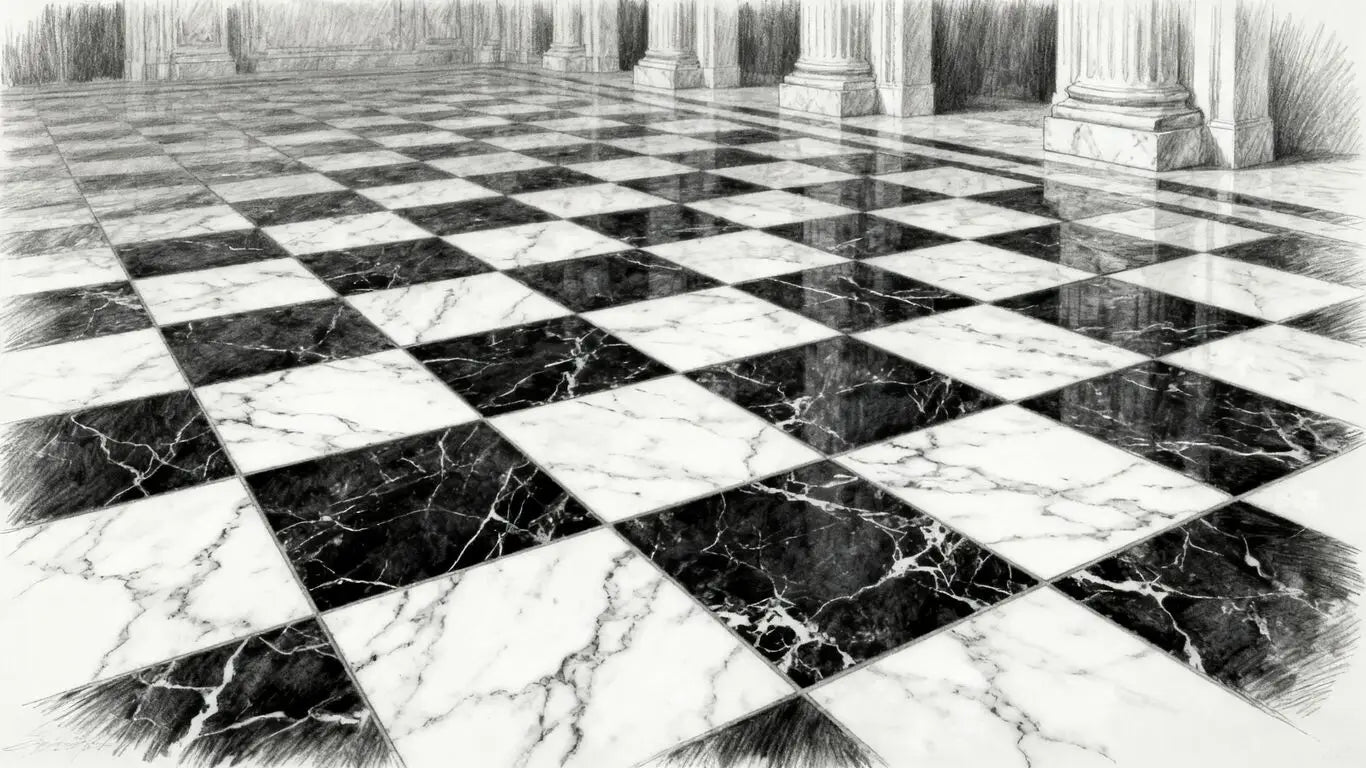 Nero Marquina and Carrara marble checkerboard floor