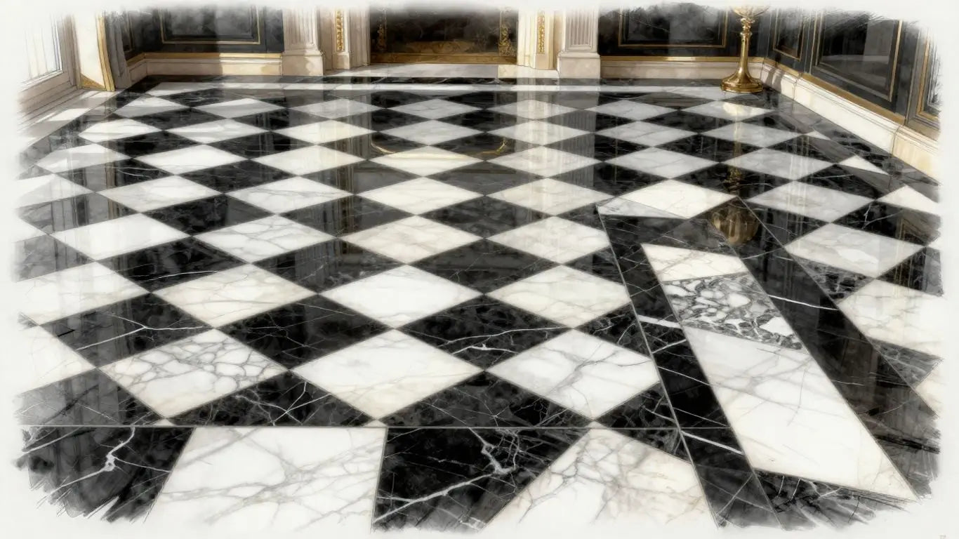 Checkerboard marble floor in a luxury home sketch.