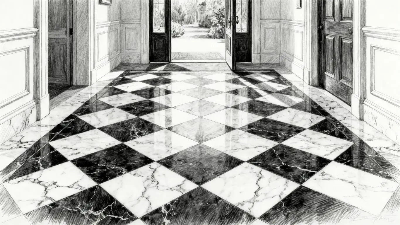A grand entryway with patterned marble floors