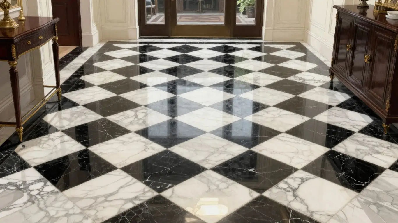 Checkerboard marble floor in a luxury home interior.