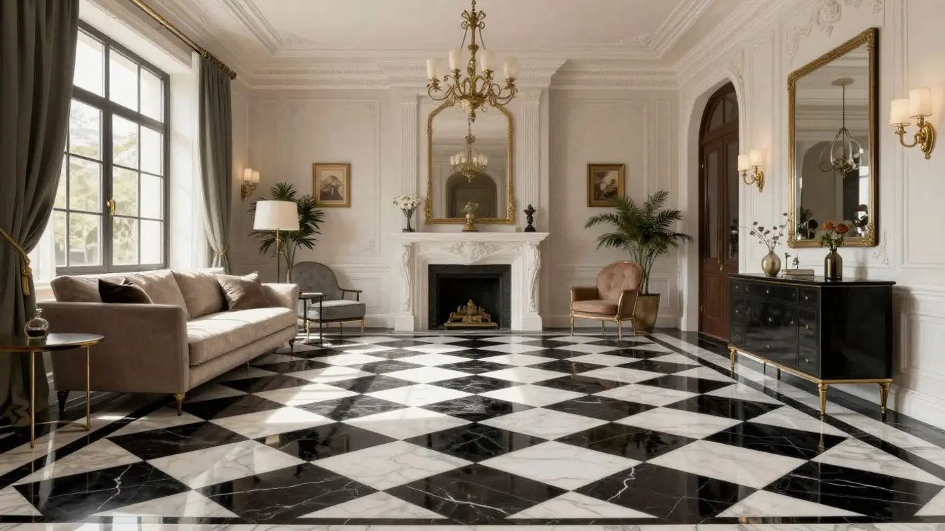 Checkerboard marble floor in a luxury home interior.