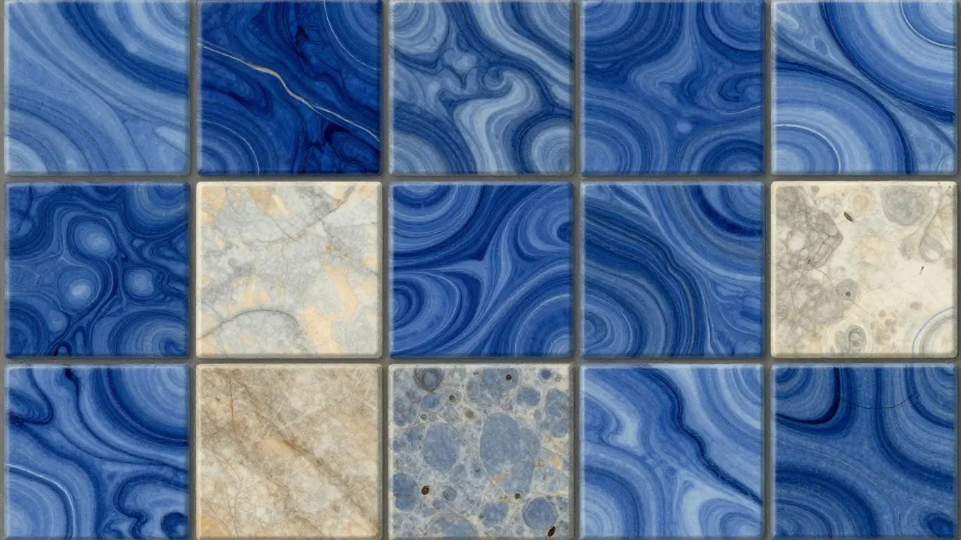 Blue marble tiles with swirling patterns.