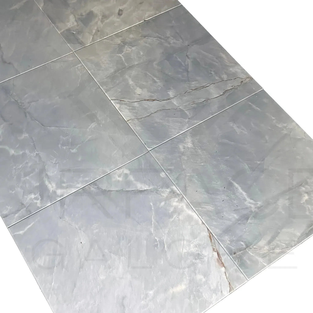 Gray marble-patterned floor tiles in Blue Jade Marble 18X18 Polished Tile product display