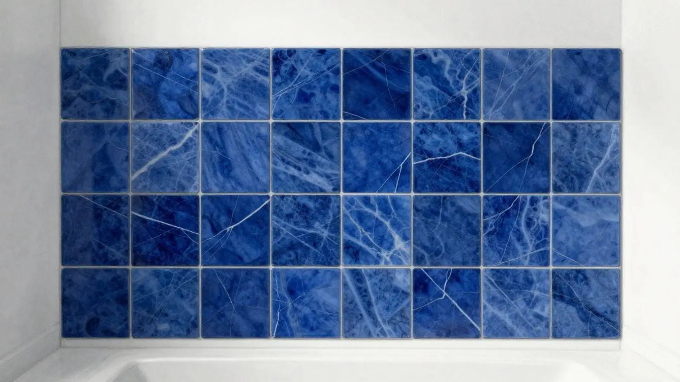Blue marble tiles in a bathroom sketch.